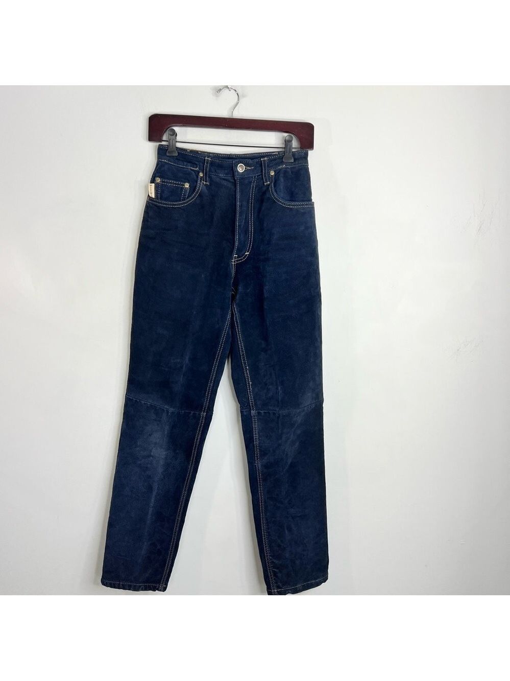 Vintage 80s 90s Wash & Wear genuine suede dark blue high rise slim fit pants 24 - Picture 4 of 15